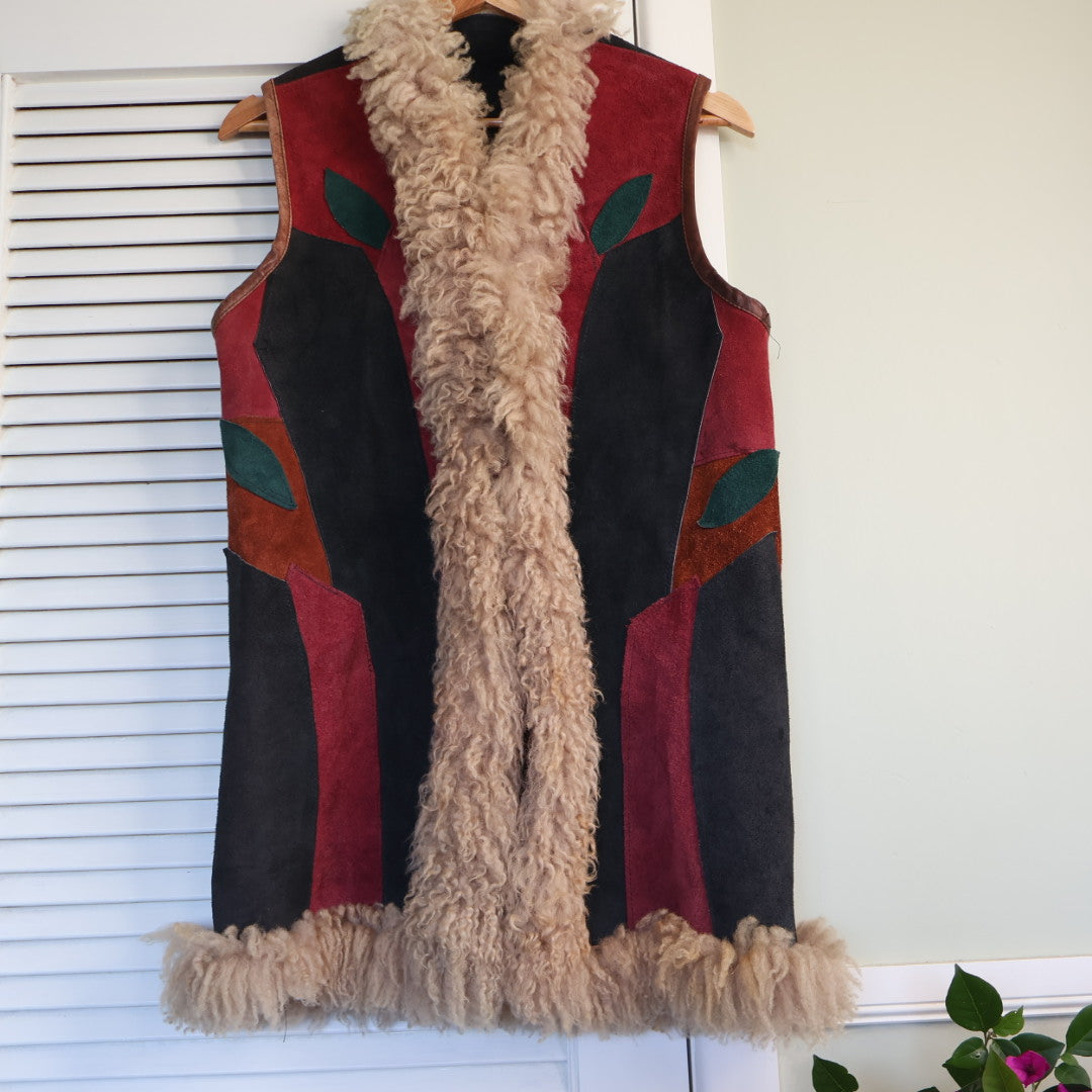 vintage 70s suede patchwork longline fur vest