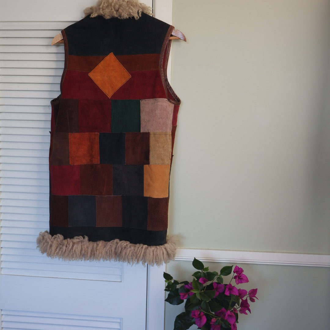 vintage 70s suede patchwork longline fur vest