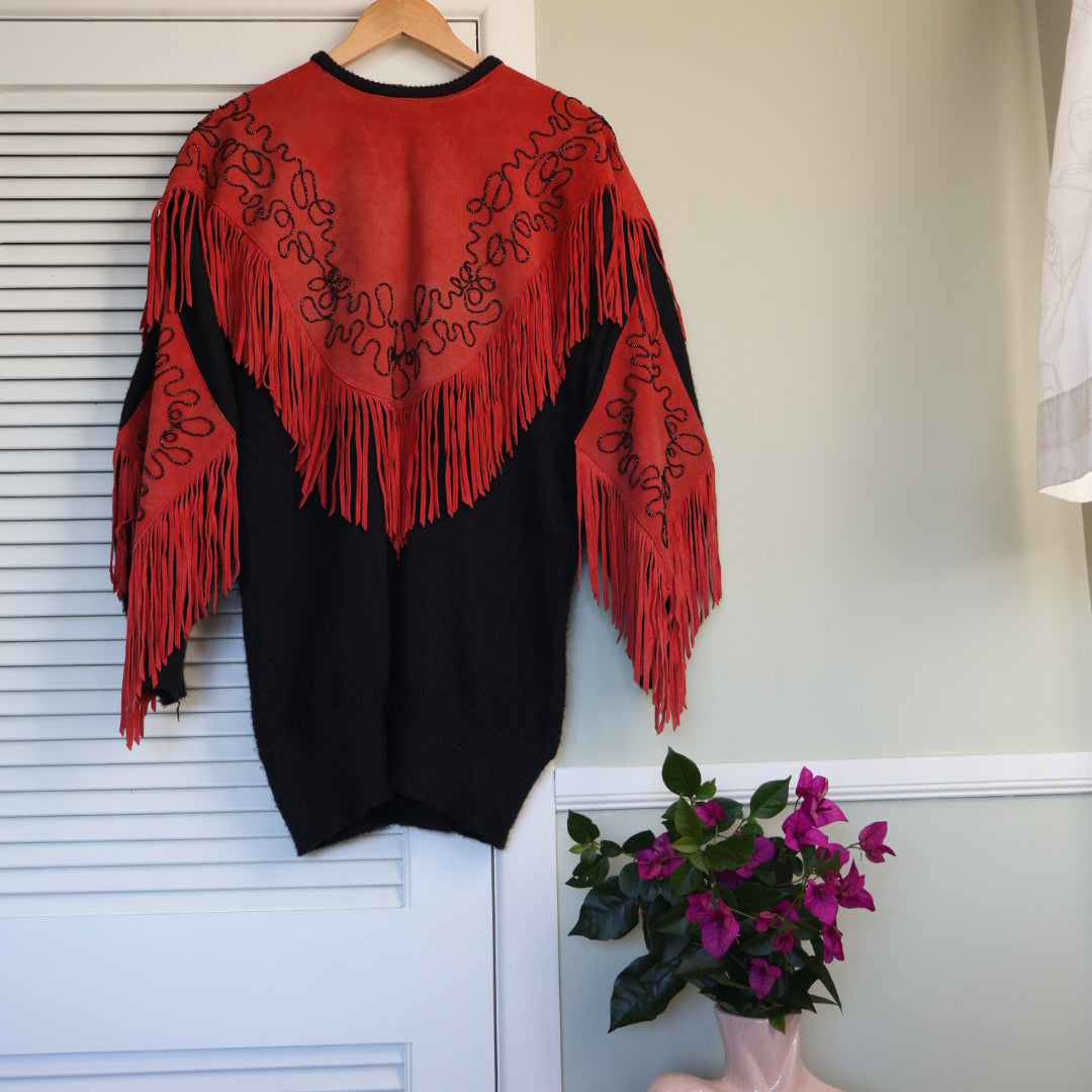 Vintage 80s suede knitted pullover sweater