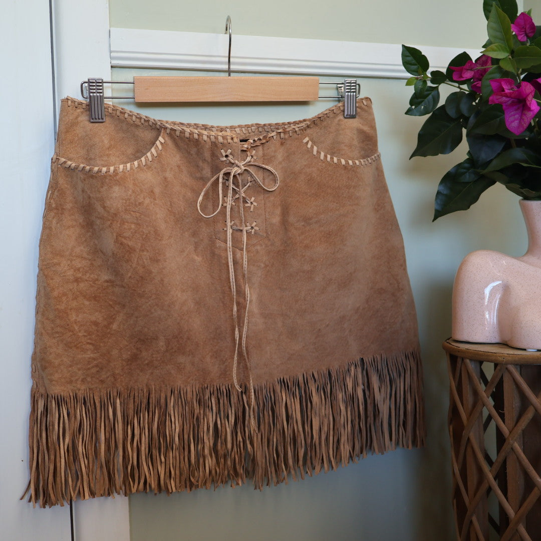 Y2K Bebe suede tassled mini skirt