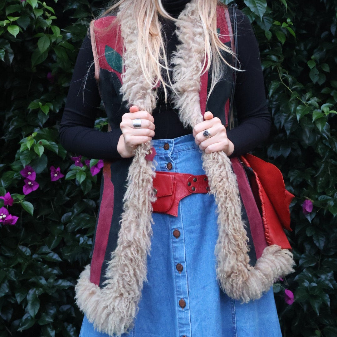 vintage 70s suede patchwork longline fur vest