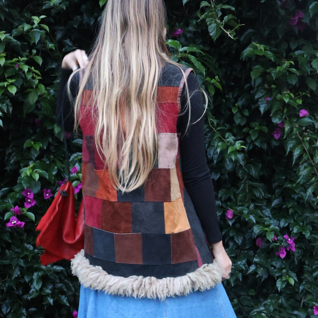 vintage 70s suede patchwork longline fur vest