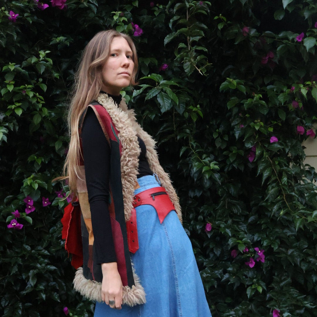 vintage 70s suede patchwork longline fur vest
