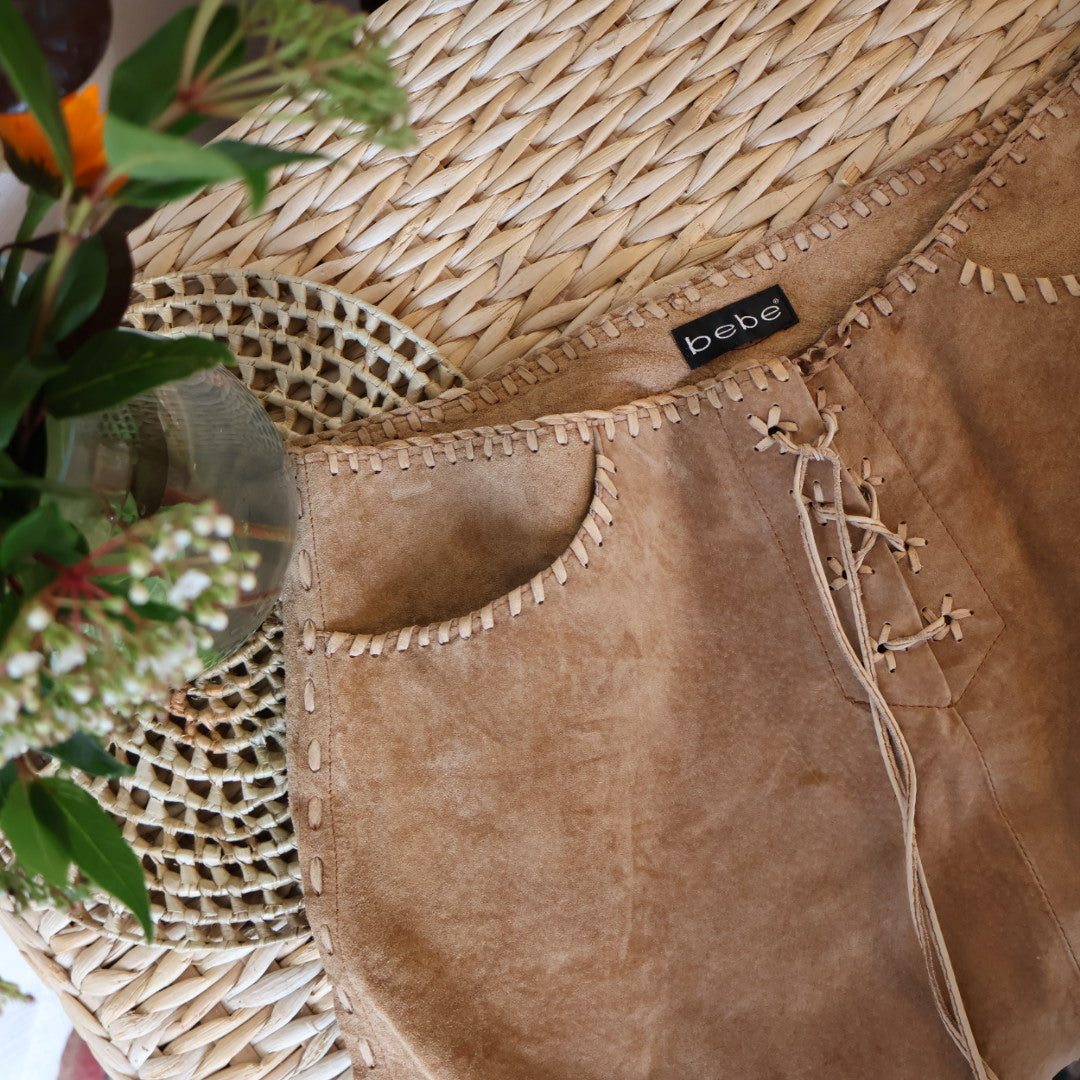 Y2K Bebe suede tassled mini skirt