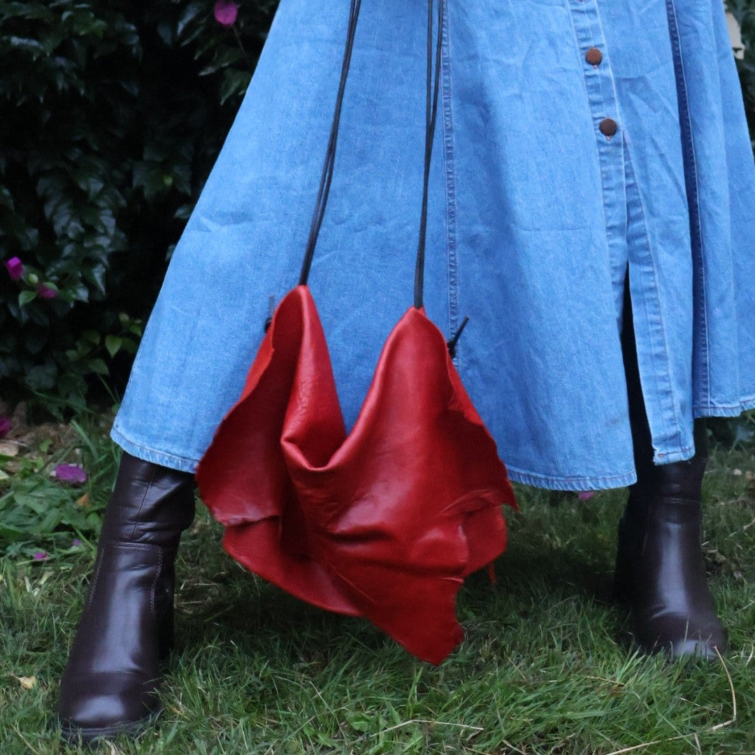 Red leather handbag